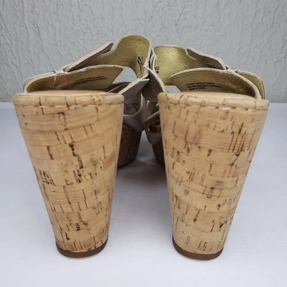 Born Womens 10 High Wedge Platform Light Gold Strappy Cork Sandals Slip Ons